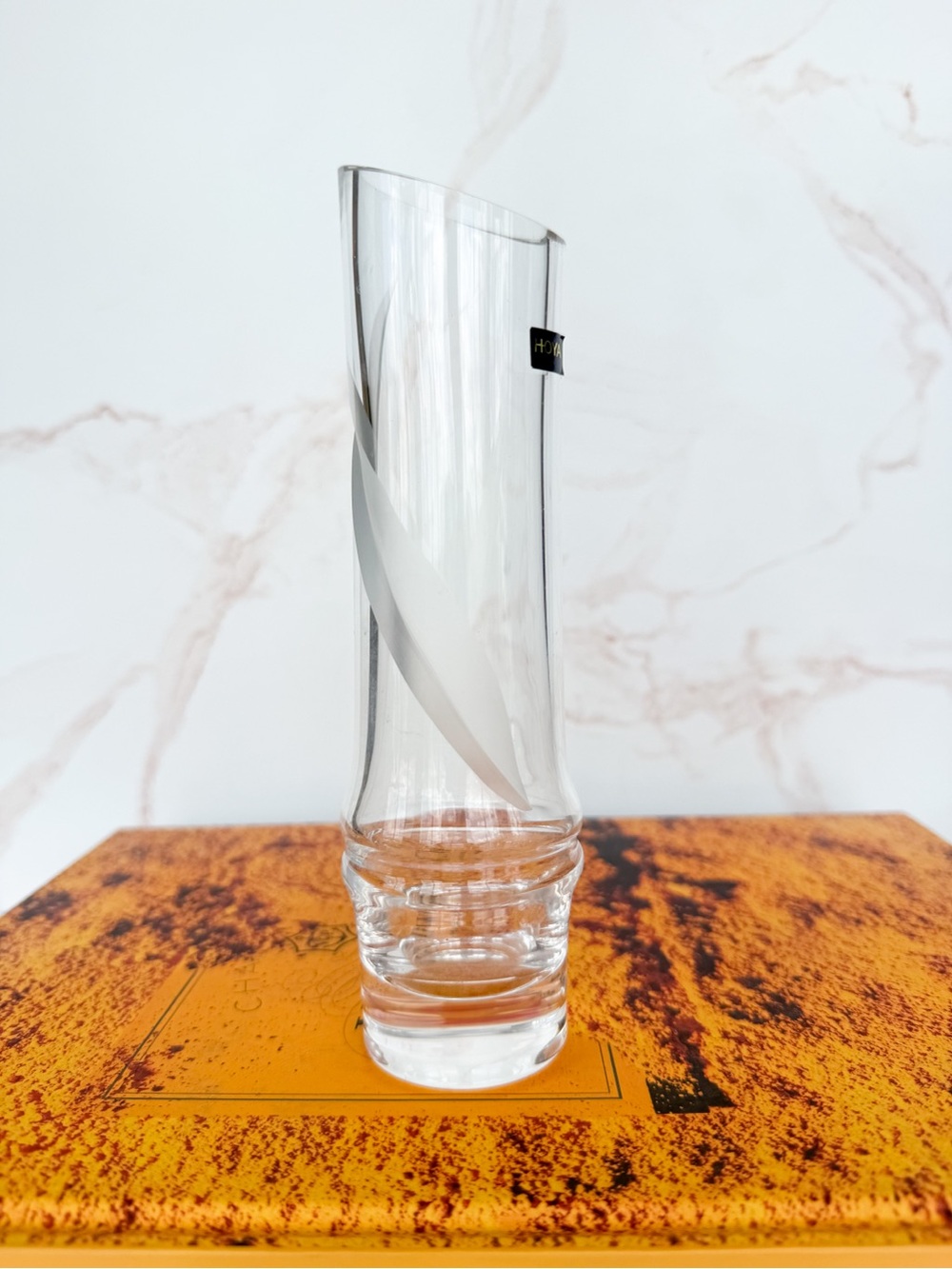 Vintage Hoya Crystal Bamboo Bud Vase Frosted Etched Japanese Asian Crystal